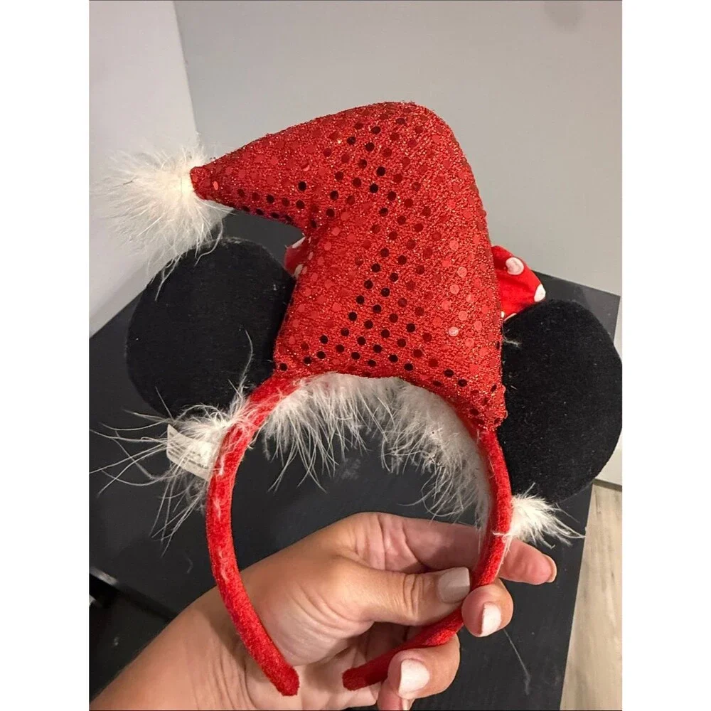 Disney Parks Christmas Minnie Mouse Ears Headband Santa Hat Holiday Bow WDW